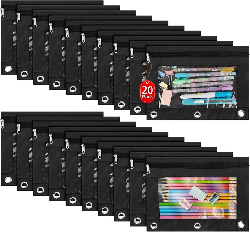 IKAYAS 20 Pack Black Pencil Pouch for 3 Ring Binder Colorful Pencil Pouch with Zipper Bulk, 3 Ring Binder Pencil Pouches Pencil Case Pencil Bags for Classroom Storing School Teacher Supplies - Image 1